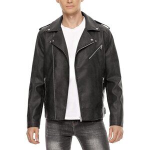 Men Black Faux Leather Biker Jacket Slim Fit Motorcycle Bomber Zip Up Coat